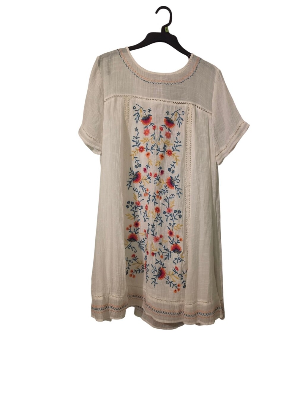 Umgee Embroidered Floral White Cotton Tunic Dress - L